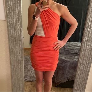 Bebe One Shoulder Coral & White Dress XS